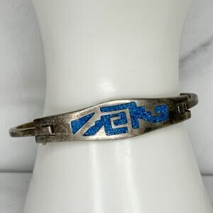 Vintage Mexico Silver Tone Stone Inlay Bangle ✨